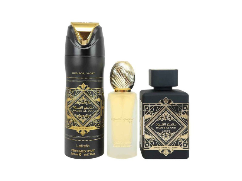 LATTAFA BADEE AL OUD FOR GLORY 3 PCS GIFT SET WITH 100ML EDP + 200ML DEO + 50ML HAIRMIST - Lrlux.com