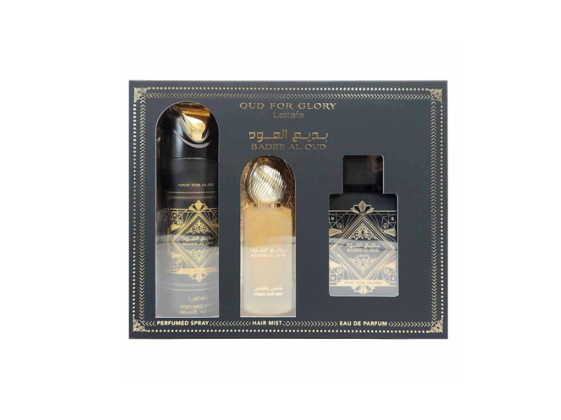 LATTAFA BADEE AL OUD FOR GLORY 3 PCS GIFT SET WITH 100ML EDP + 200ML DEO + 50ML HAIRMIST - Lrlux.com